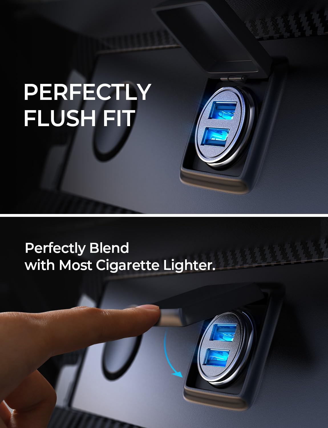 AINOPE Car Charger Adapter【Smallest Metal】 4.8A Cigarette Lighter USB Car Charger Adapter Dual Port 12V USB Outlet Flush Fit for iPhone 16 Pro Max/15/14 iPad Air Samsung Galaxy S25 S24 Ultra,Black