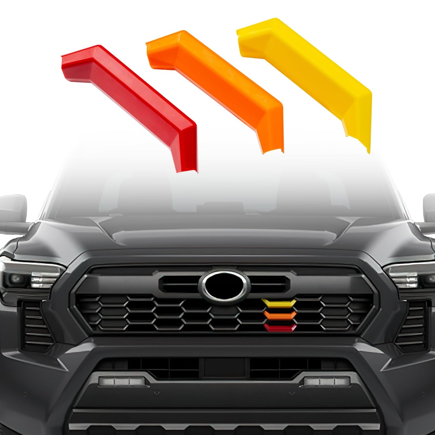 Upgrade Grille Decor Badge Emblem for 2024 2025 Toyota Tacoma Accessories TRD Off-Road, TRD PreRunner, TRD Sport Tri-Color Front Grille Insert Trims (Yellow/Orange/Red)