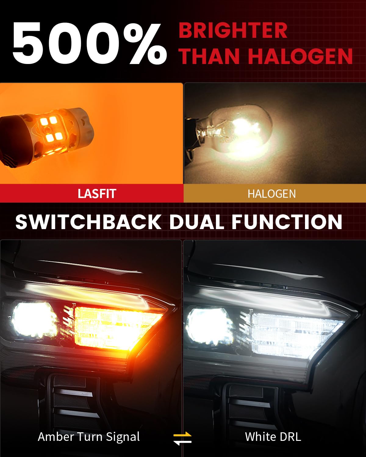 LASFIT Switchback LED Bulb for Toyota Tacoma 4TH Gen 2024-2025 T3 7443 7444na Front Turn Signal Parking Light Built in Resistor 100% Error Free White Amber (2pcs)