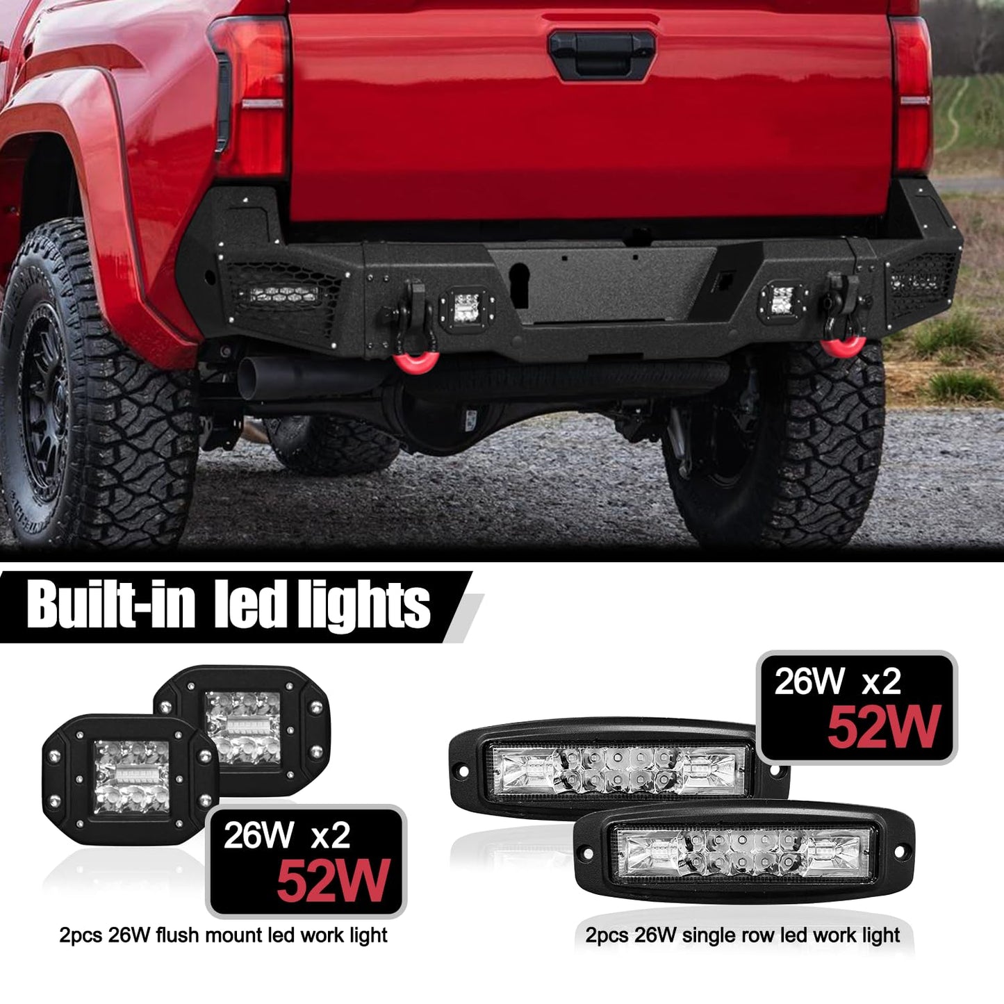 GNG Rear Bumper Compatible with 2024 2025 Toyota Tacoma w/Winch Plate & LED Lights & D-Ring, 〔Black Textured〕