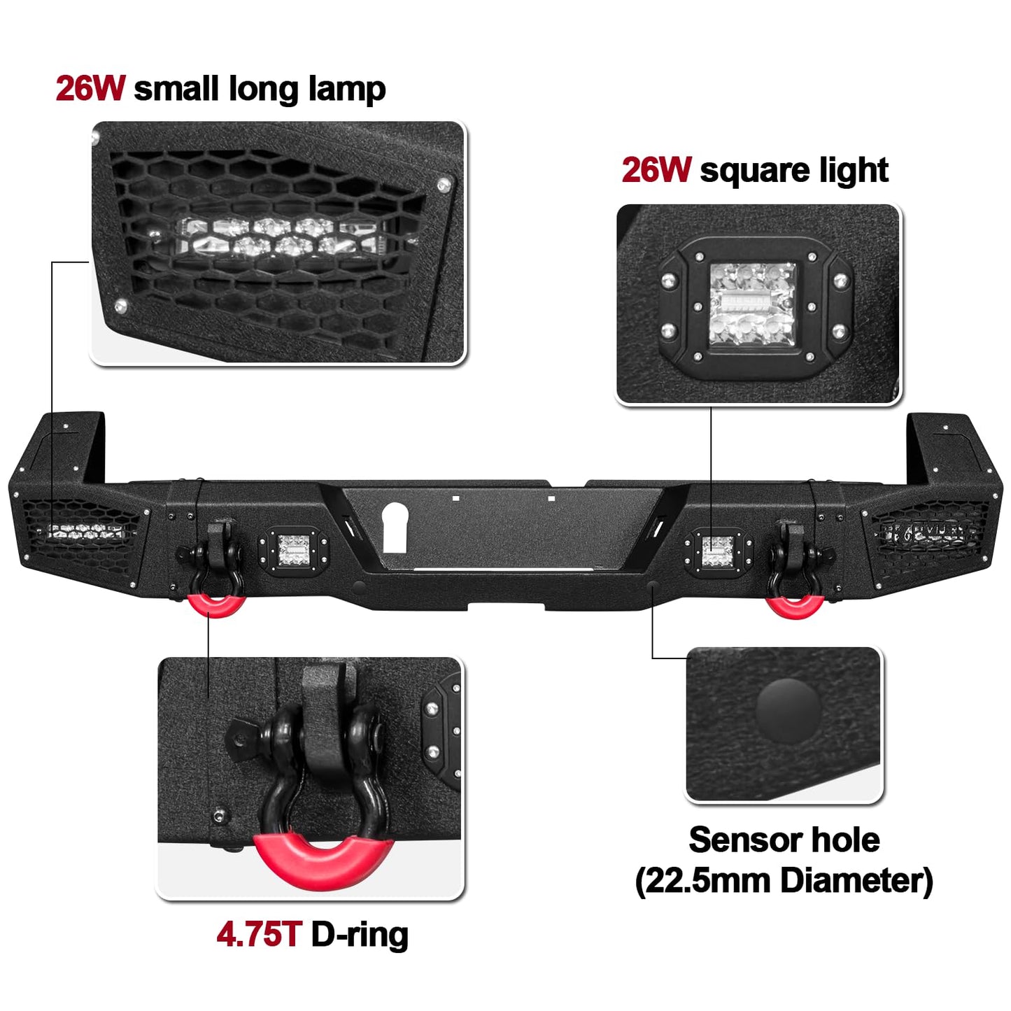 GNG Rear Bumper Compatible with 2024 2025 Toyota Tacoma w/Winch Plate & LED Lights & D-Ring, 〔Black Textured〕