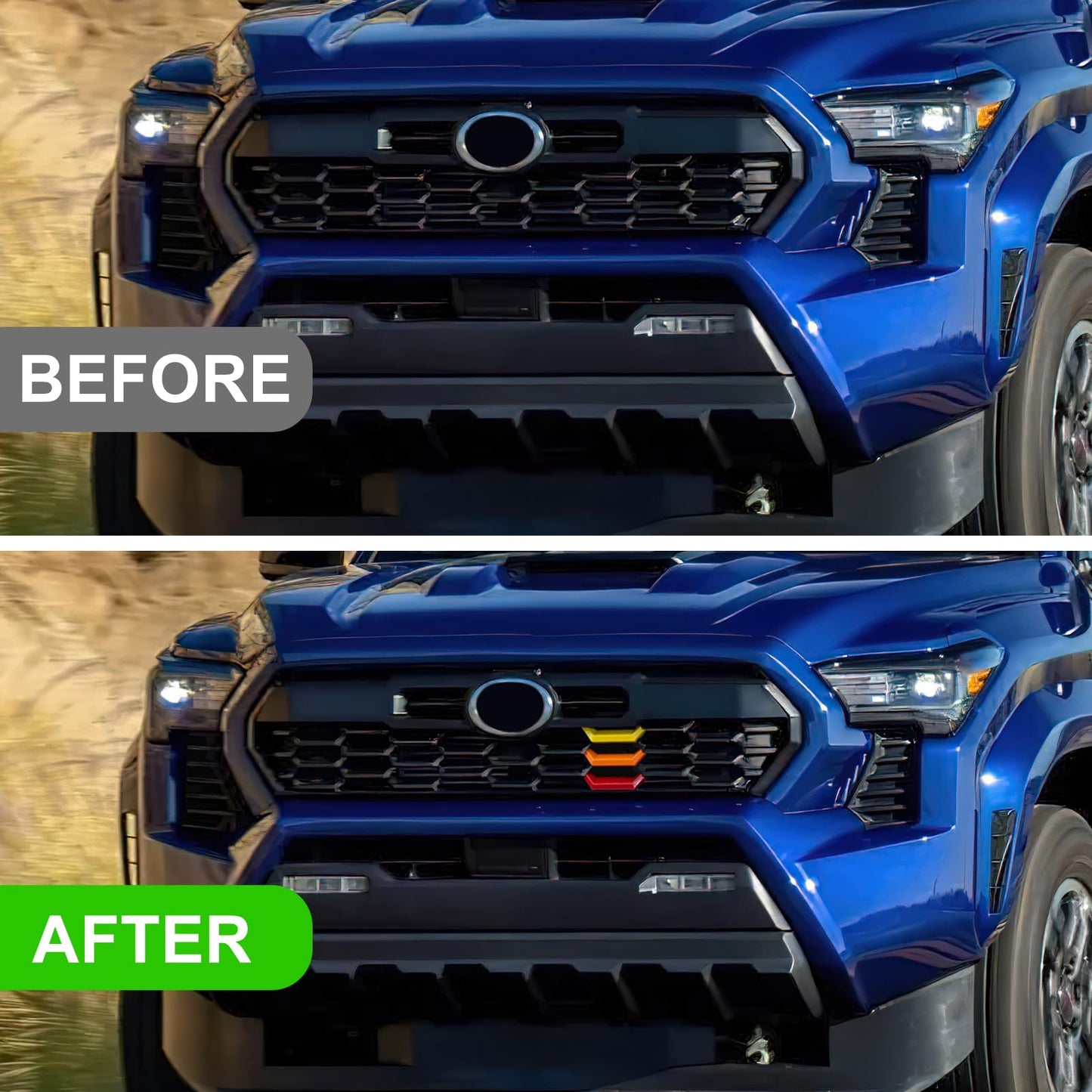 Upgrade Grille Decor Badge Emblem for 2024 2025 Toyota Tacoma Accessories TRD Off-Road, TRD PreRunner, TRD Sport Tri-Color Front Grille Insert Trims (Yellow/Orange/Red)
