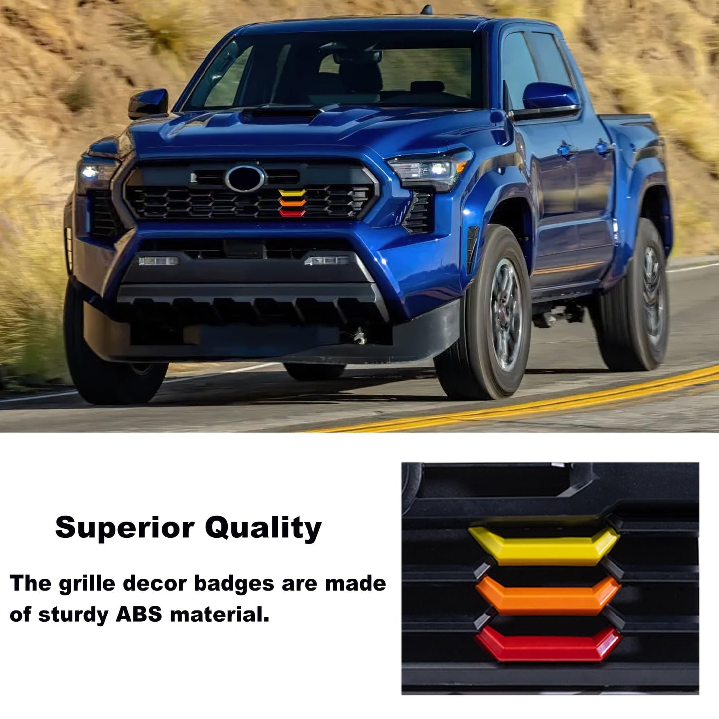 Upgrade Grille Decor Badge Emblem for 2024 2025 Toyota Tacoma Accessories TRD Off-Road, TRD PreRunner, TRD Sport Tri-Color Front Grille Insert Trims (Yellow/Orange/Red)