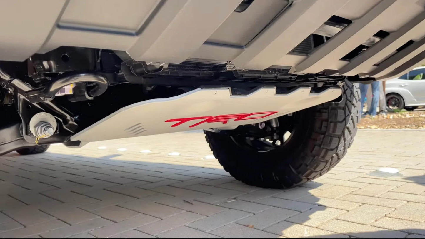 Toyota TRD Front Skid Plate, 1/4-inch Aluminum, for 2025+ 4Runner & 2024+ Tacoma, White with Red Lettering