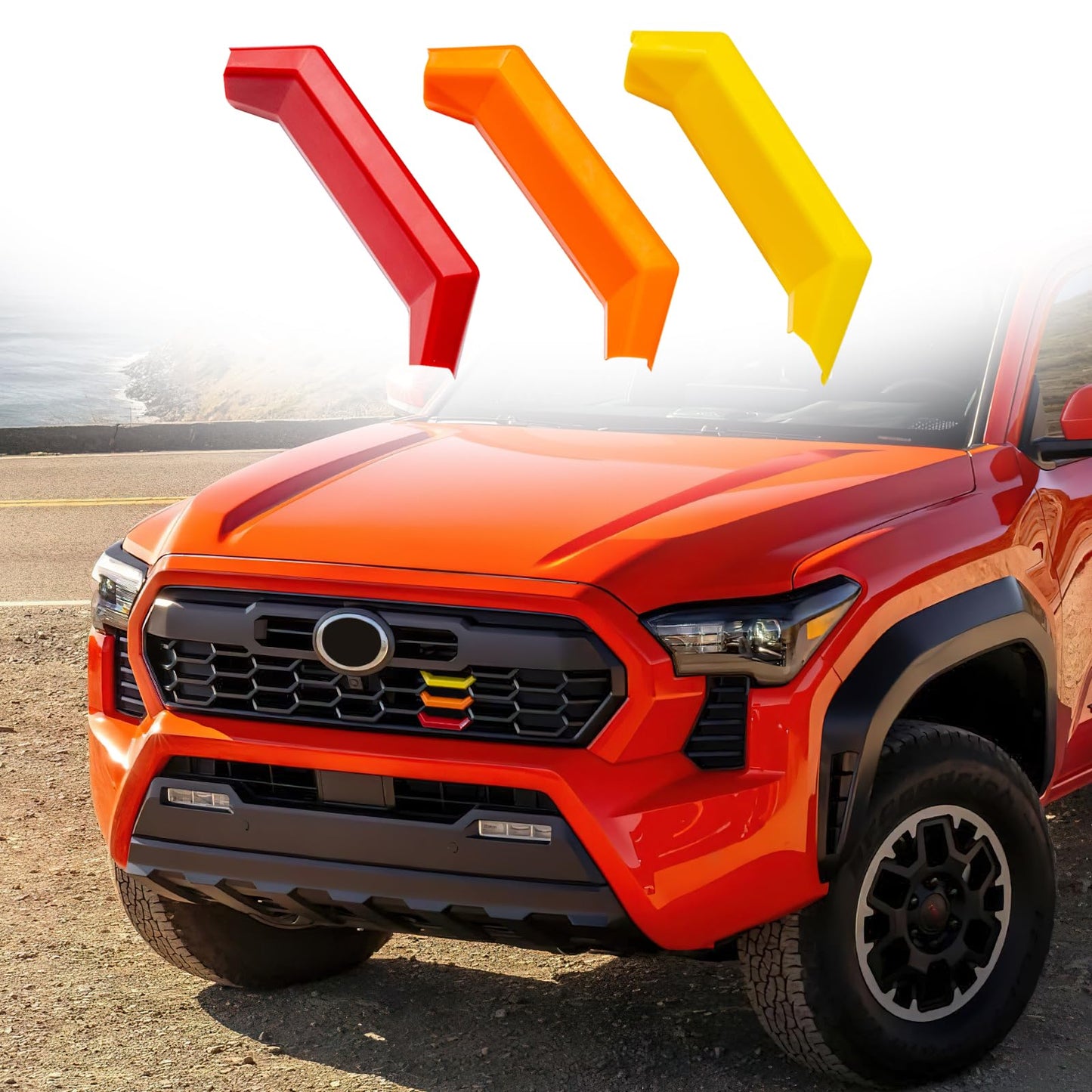 Upgrade Grille Decor Badge Emblem for 2024 2025 Toyota Tacoma Accessories TRD Off-Road, TRD PreRunner, TRD Sport Tri-Color Front Grille Insert Trims (Yellow/Orange/Red)