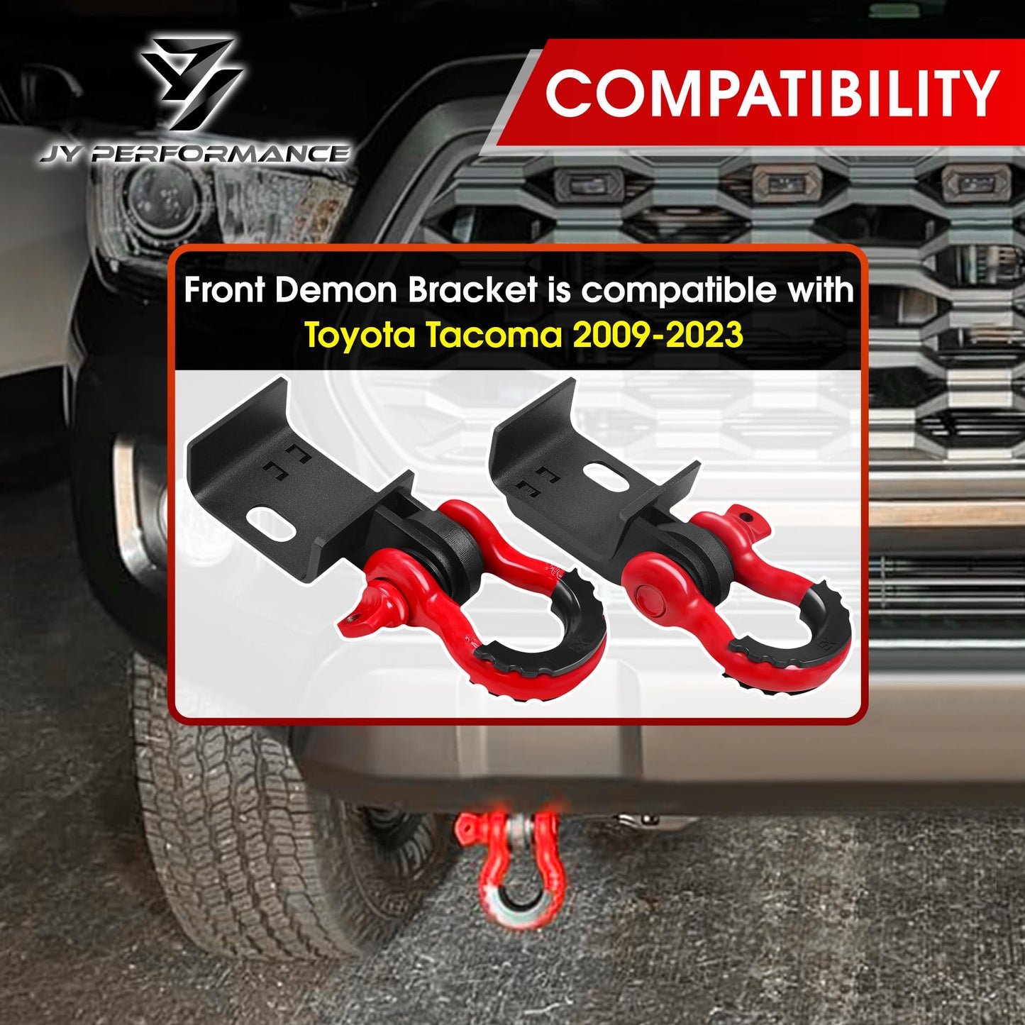 JY PERFORMANCE Front Demon Tow Hook Brackets with 3/4in Shackle D Rings Compatible with Fits for Toyota Tacoma 2009-2023
