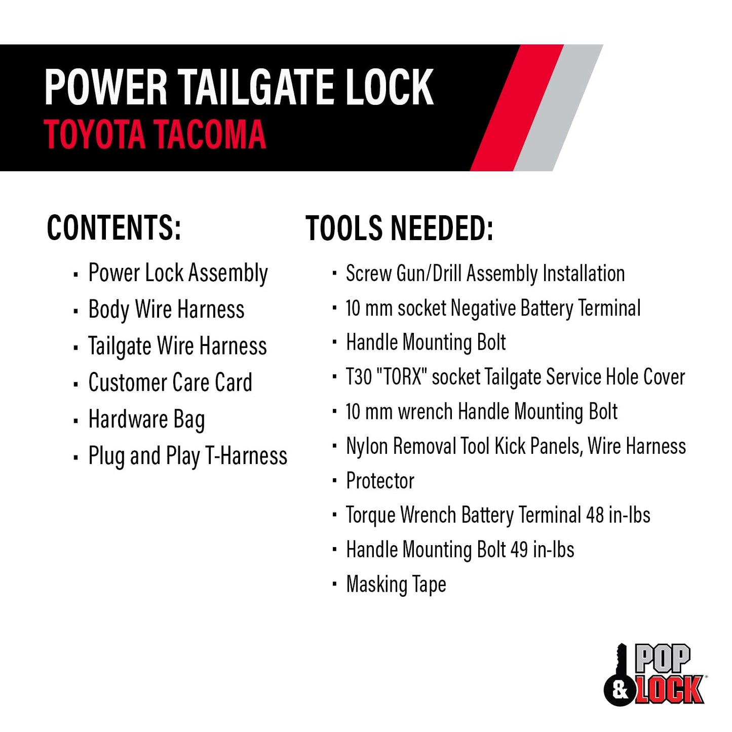 Pop & Lock – Power Tailgate Lock with Plug and Play T-Harness – Toyota Tacoma Fits Models 2016 to 2023 (PL8547TAC)