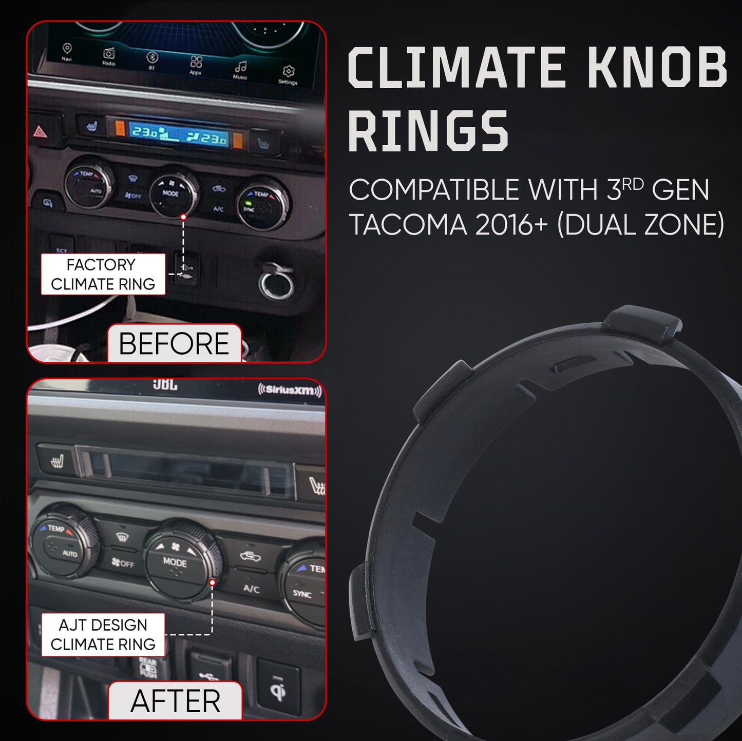 AJT Design Climate Knob Rings Compatible with Toyota Tacoma 2016-2023 (3rd Gen Tacoma Dual Zone), 3-Pack | High-Strength ABS Replacement Trim Rings | Perfect Fit & Easy Install | Made in USA - Black