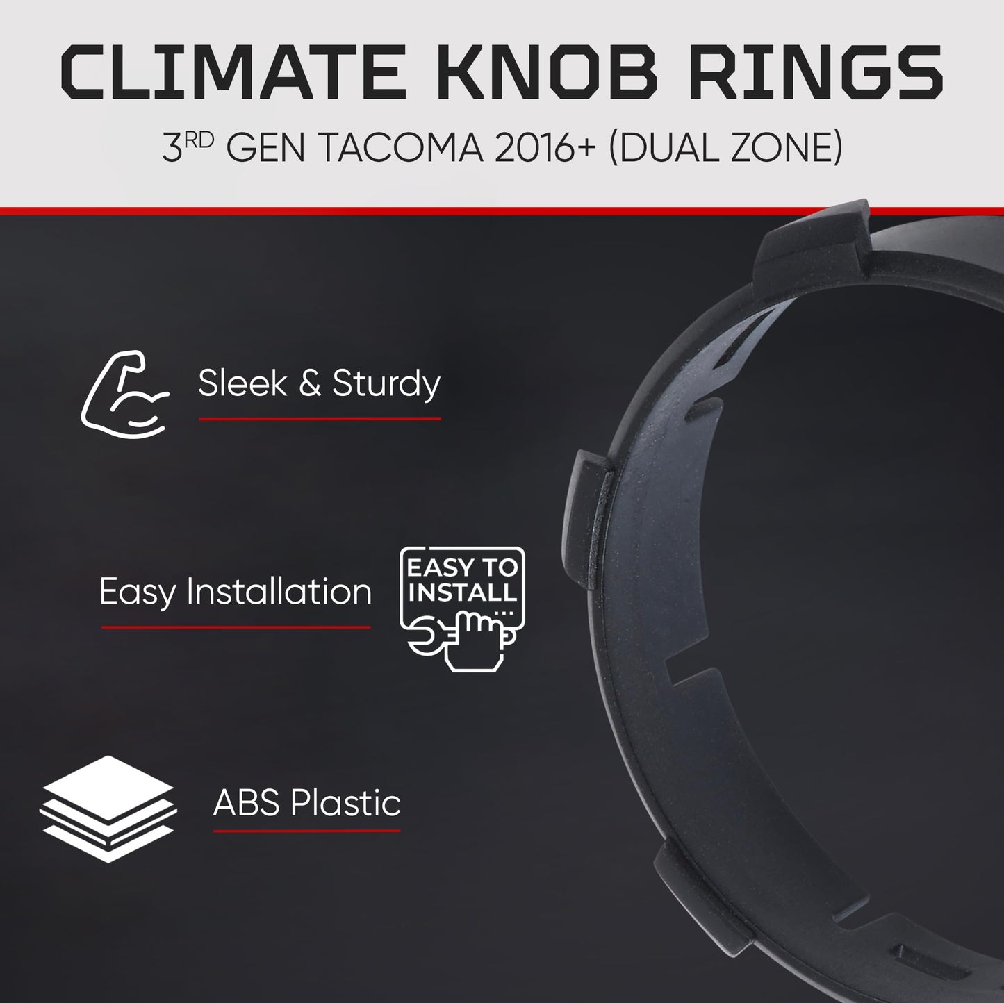 AJT Design Climate Knob Rings Compatible with Toyota Tacoma 2016-2023 (3rd Gen Tacoma Dual Zone), 3-Pack | High-Strength ABS Replacement Trim Rings | Perfect Fit & Easy Install | Made in USA - Black