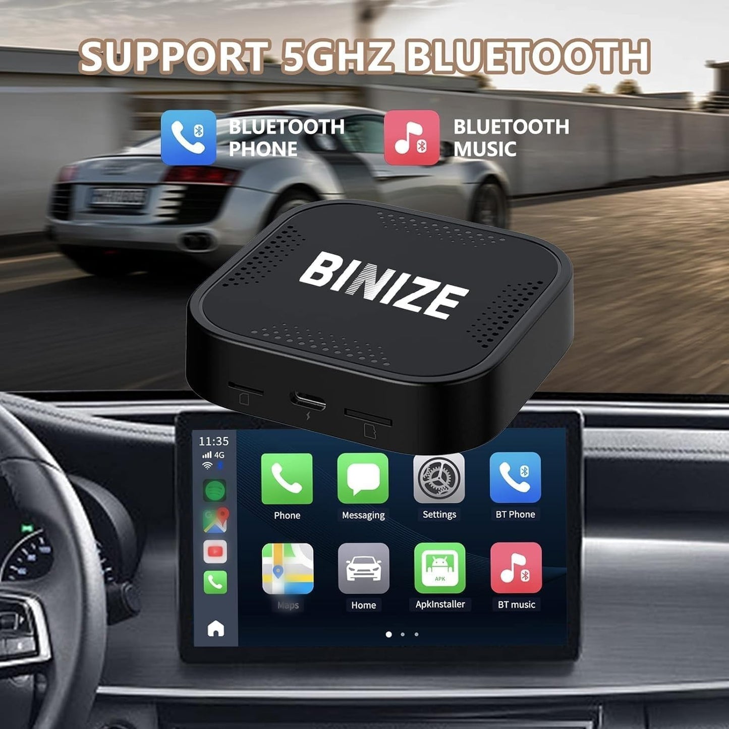 Binize Wireless CarPlay Android AUTO Multimedia Video Box 4G Cellular,4GB+64GB,8Core,Android 13 Built-in Navigation Support SIM&TF Card Bluetooth Support Car with OEM Wired CarPlay/Android Auto