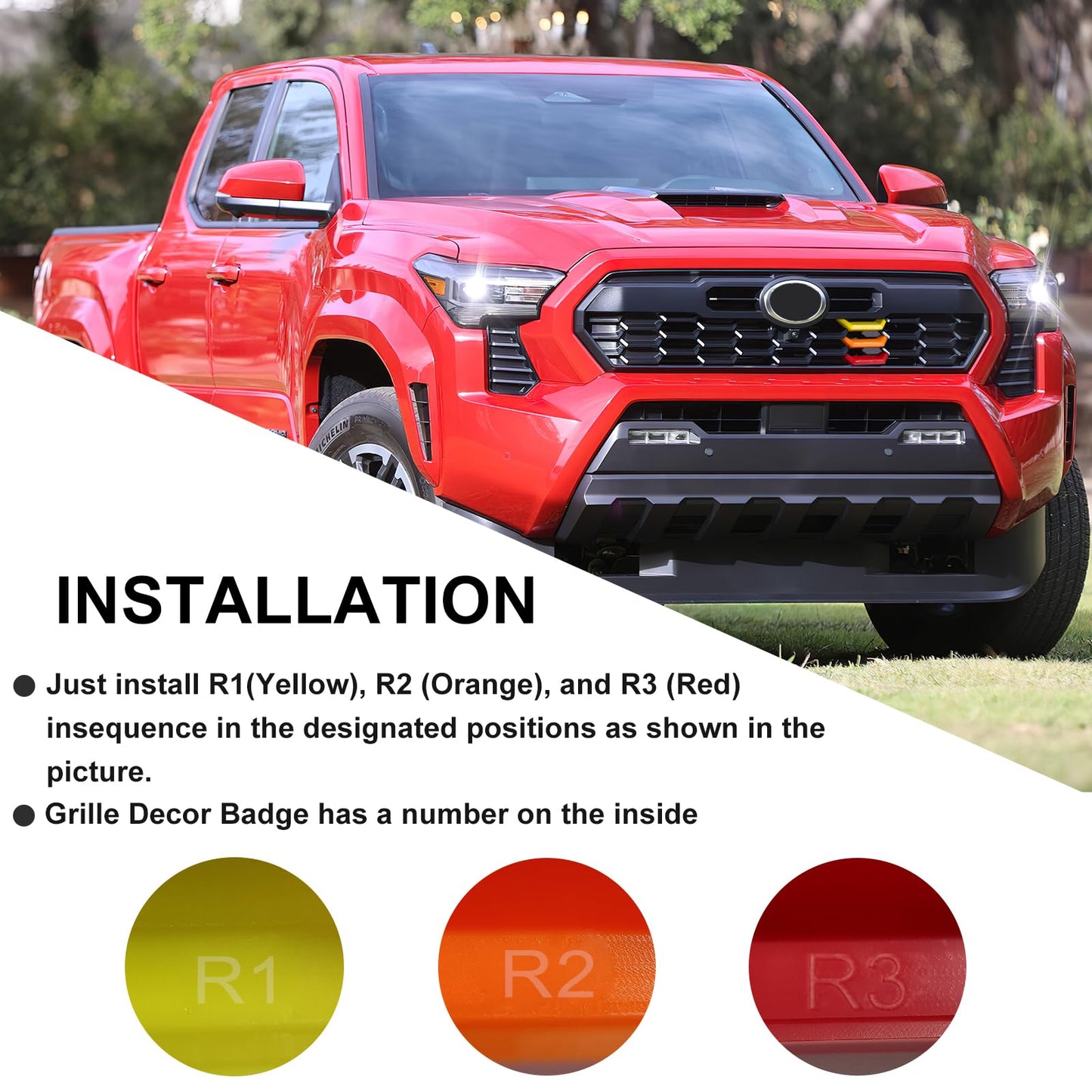 Upgrade Grille Decor Badge Emblem for 2024 2025 Toyota Tacoma Accessories TRD Off-Road, TRD PreRunner, TRD Sport Tri-Color Front Grille Insert Trims (Yellow/Orange/Red)