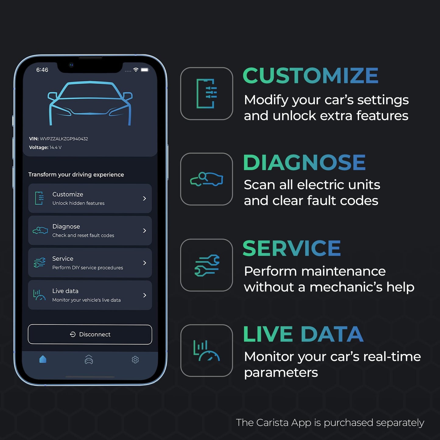 Carista EVO - Bluetooth OBD2 Scanner - Car Diagnostic Tool & Code Reader with Access to Diagnostics, Customizations, Service Tools & Live Data (Subscription Required)