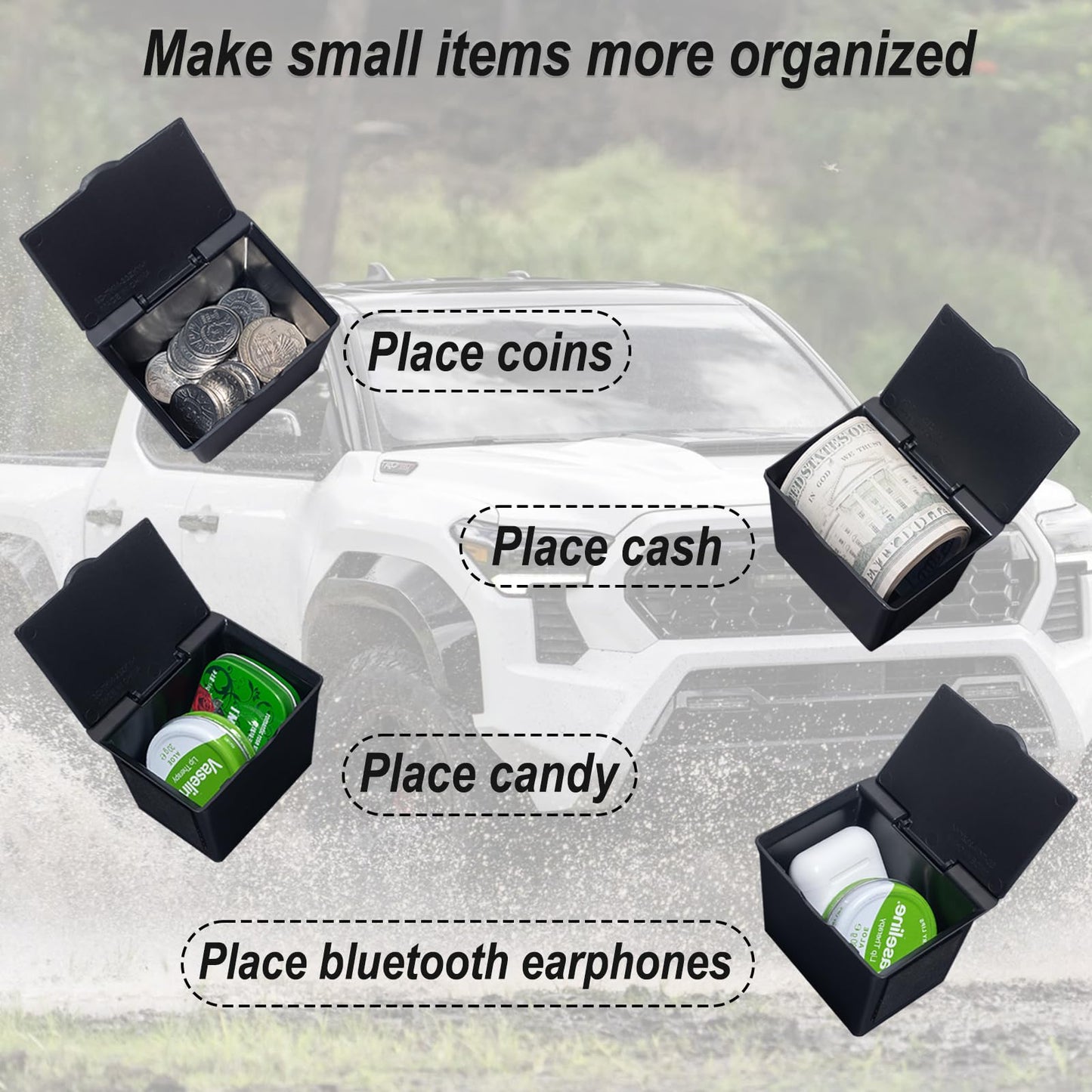 JKCOVER Center Console Coin Box Organizer Compatible with 2016-2020 2021 2022 2023 Toyota Tacoma Accessories Armrest Insert ABS Plastic Coin Holder Secondary Storage Box