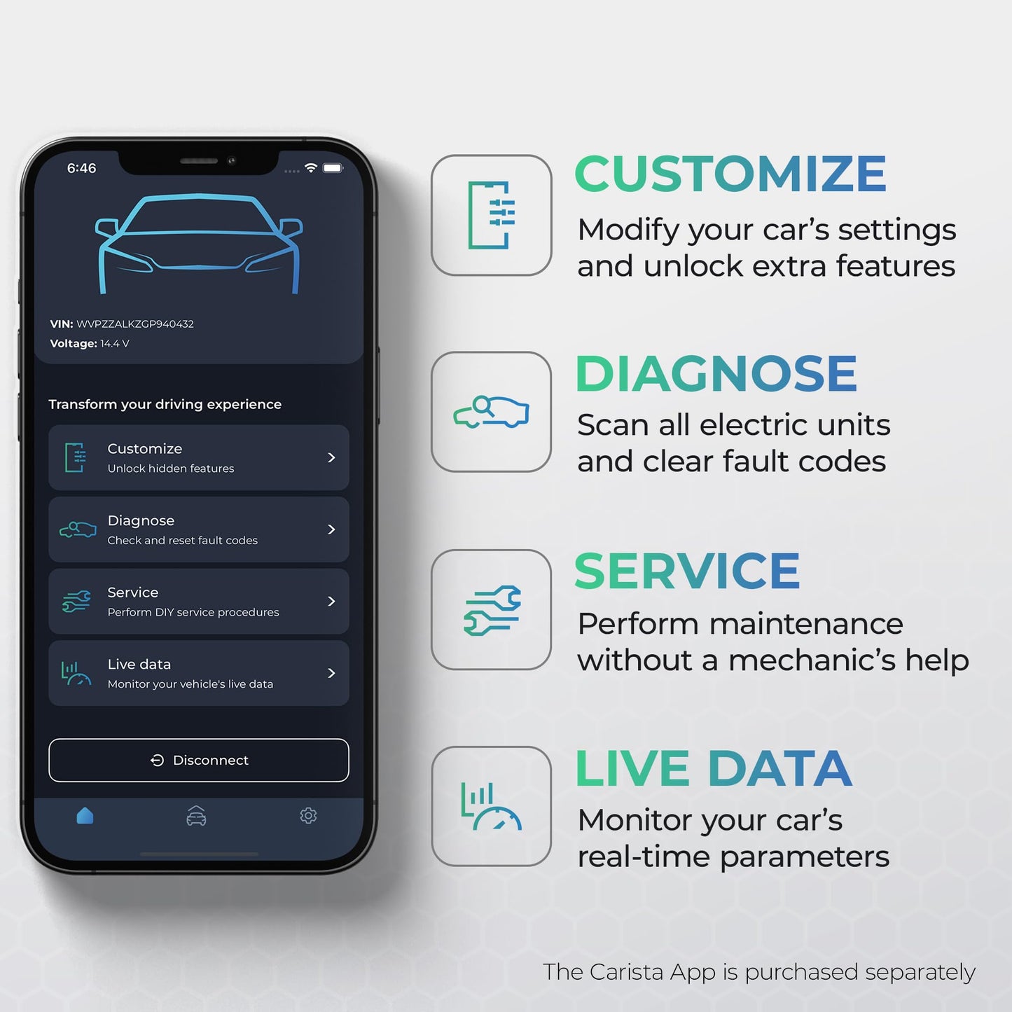 Carista OBD - Bluetooth OBD2 Scanner - Car Scanner Diagnostic Tool and Code Reader with Access to Diagnostics, Customizations, Service Tools, and Live Data