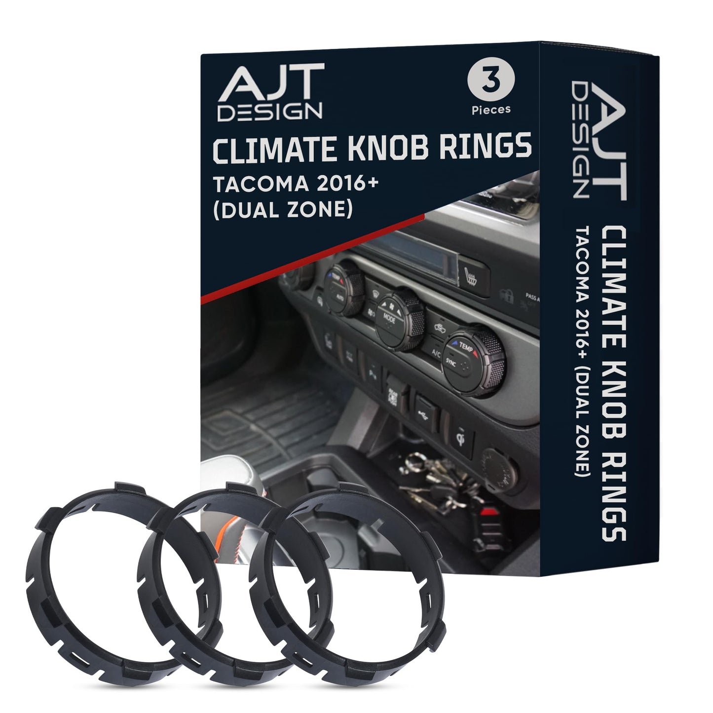 AJT Design Climate Knob Rings Compatible with Toyota Tacoma 2016-2023 (3rd Gen Tacoma Dual Zone), 3-Pack | High-Strength ABS Replacement Trim Rings | Perfect Fit & Easy Install | Made in USA - Black