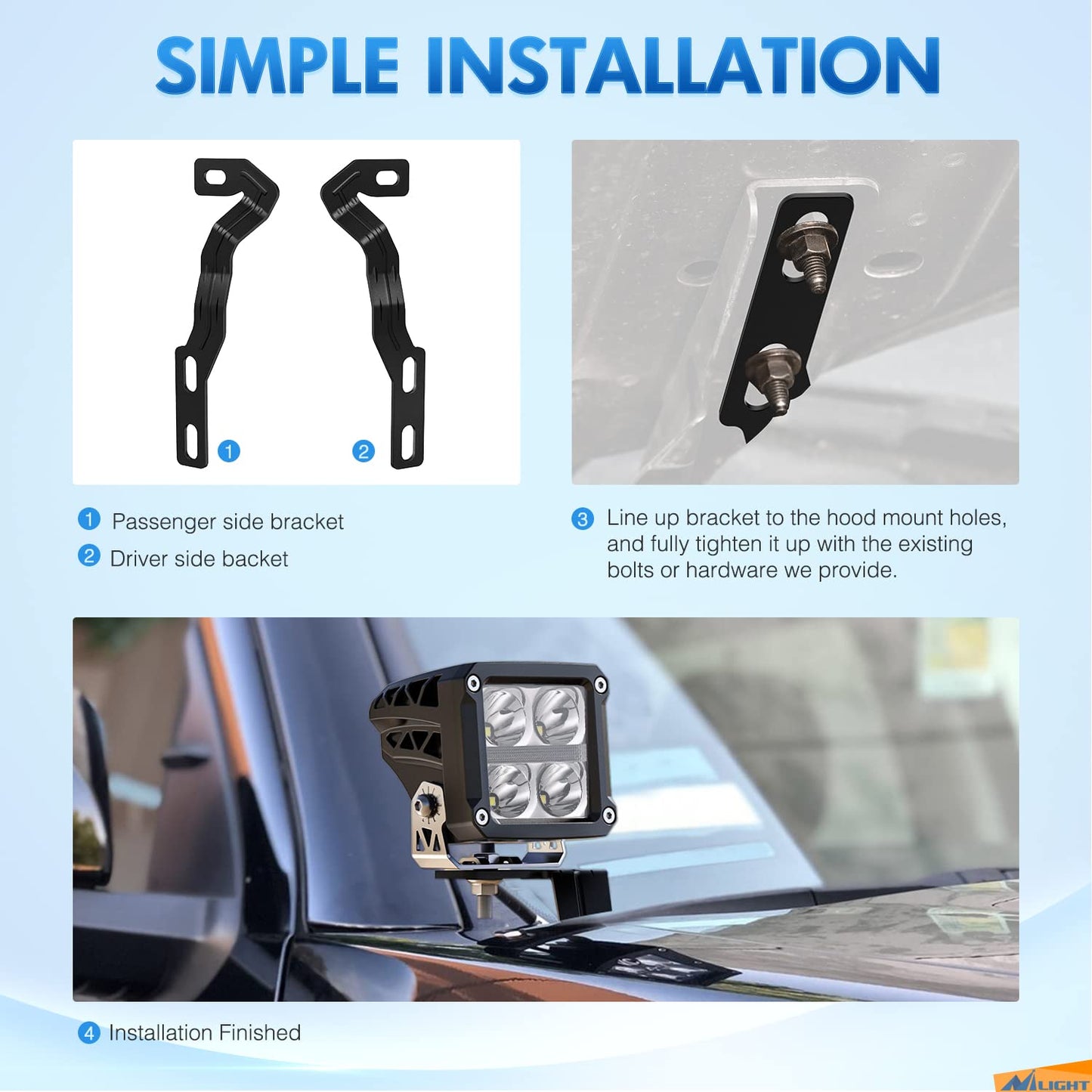 Nilight Ditch Light Brackets Auxiliary Offroad Work LED Pod A-Pillar Hood Mounts for 3rd Gen Tacoma 2016 2017 2018 2019 2020
