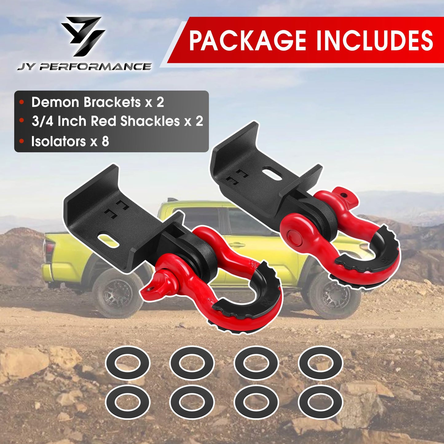 JY PERFORMANCE Front Demon Tow Hook Brackets with 3/4in Shackle D Rings Compatible with Fits for Toyota Tacoma 2009-2023