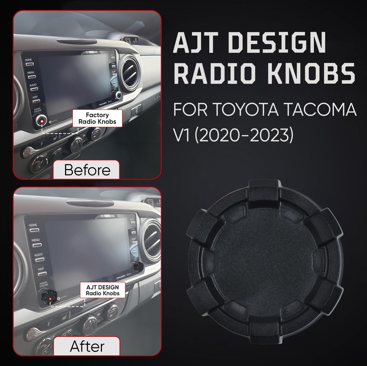 AJT Design Radio Knobs Replacement for Toyota Tacoma V1 (2020-2023) | Set of 2 Knobs | Matte Black Finish | 3rd Gen Tacoma Accessories | Durable ABS Plastic | Easy Press-On Installation | Made in USA