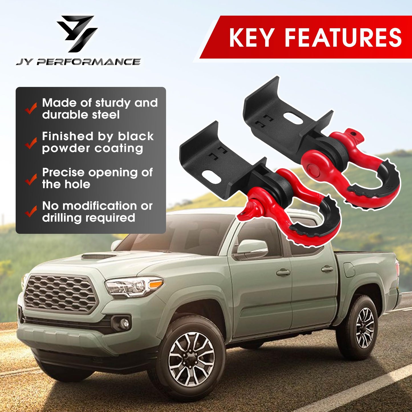 JY PERFORMANCE Front Demon Tow Hook Brackets with 3/4in Shackle D Rings Compatible with Fits for Toyota Tacoma 2009-2023