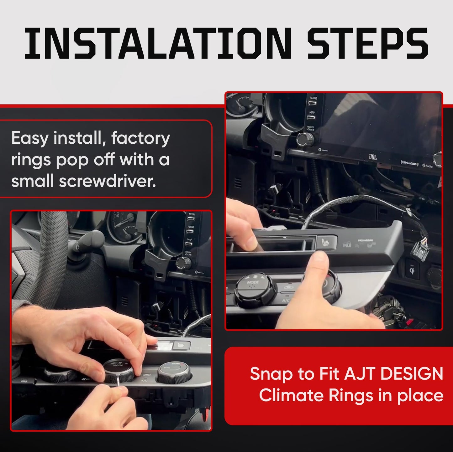 AJT Design Climate Knob Rings Compatible with Toyota Tacoma 2016-2023 (3rd Gen Tacoma Dual Zone), 3-Pack | High-Strength ABS Replacement Trim Rings | Perfect Fit & Easy Install | Made in USA - Black