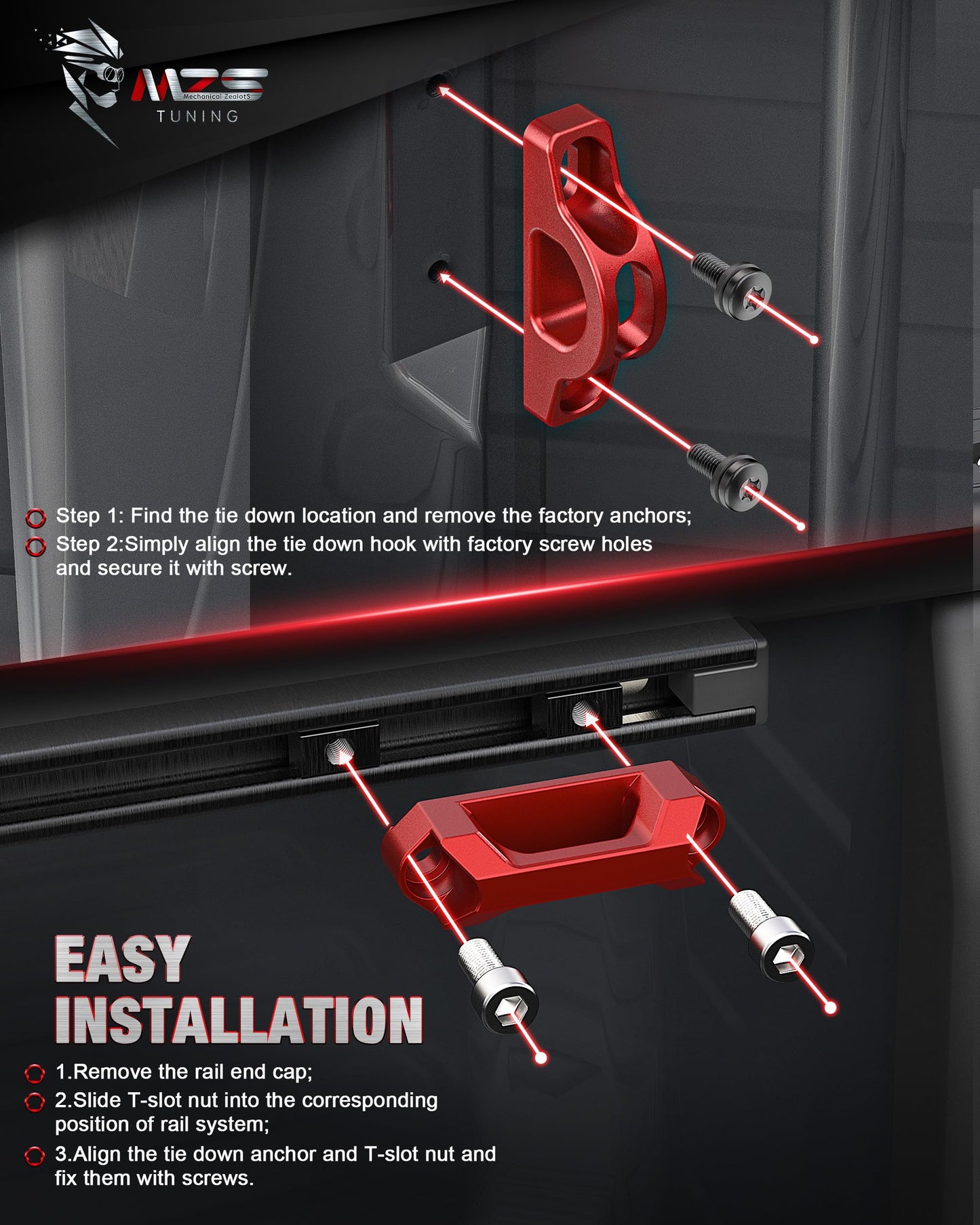 MZS Truck Bed Rail Cleats Tie Down Hook Kit, Inner Rope Hooks Tie Down Anchors Compatible with Tacoma Tundra for Cargo Trailer, Replace PT27835160 PT27835112 PT2780C010 663120C010 Red (Pack of 6)